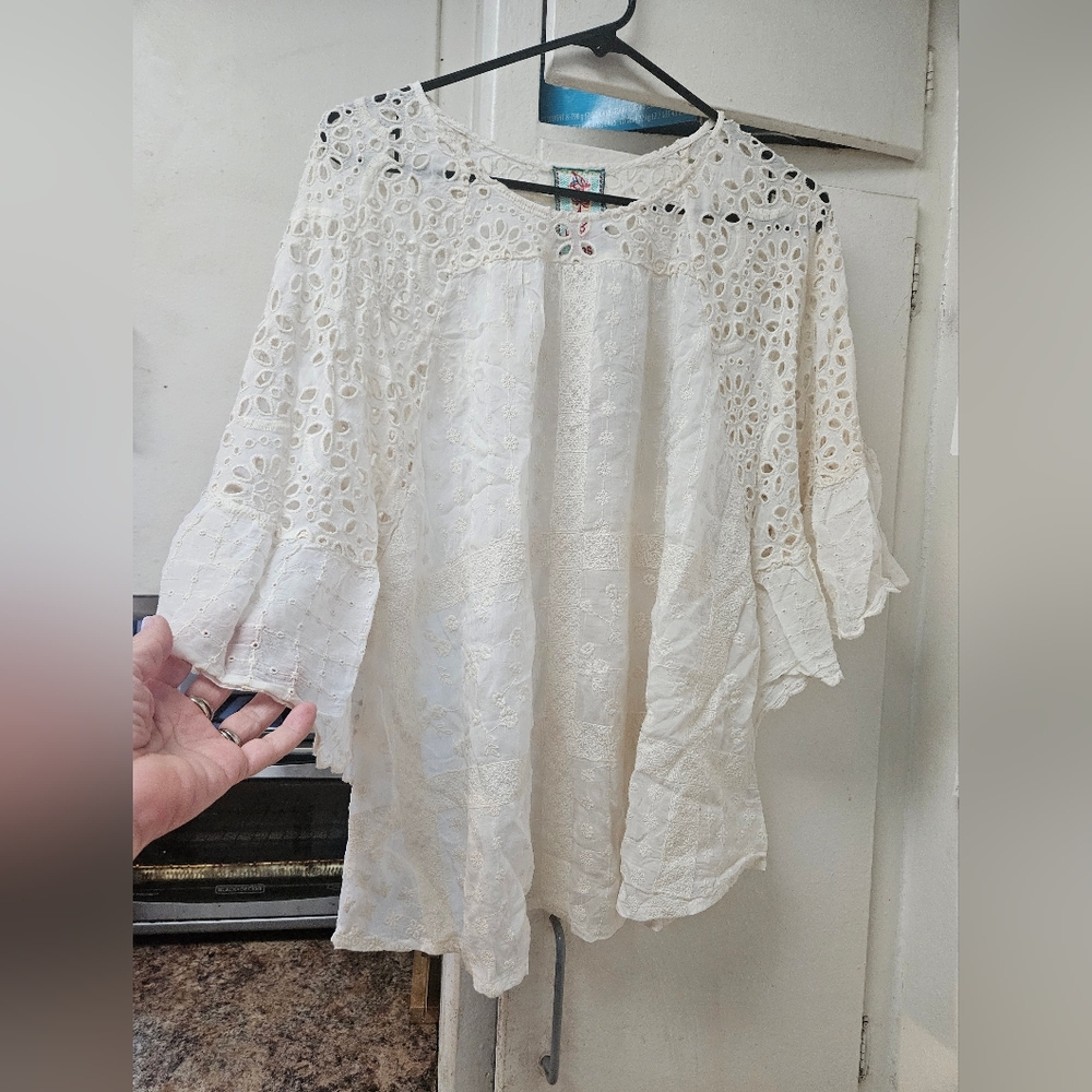 New NWT Johnny Was Plaid Ruffle Blouse Cream Lace Top Small S